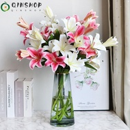 QINSHOP Lily Flowers, PU Realistic Artificial Flowers, Exquisite Washable Simple 3Heads Fake Flowers