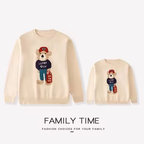 Family Matching Knitted Sweater Father Mother and Son Daughter Bear Christmas Jumper Dad Mom and Chi