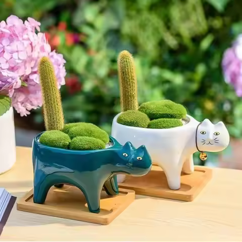 Ceramic Succulent Plant Flower Pot, White and Green Cat Tail, Cartoon Animal, Monkey Tail, Column Ca