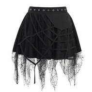 Elastic Waist Big Hem Gothic Punk Metal Holes Design Women Skirt Halloween Spider-Web Decor Tassel M