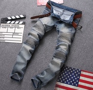 GanGdun  High Street Biker JEANS Big Talker Locomotive Elasticity Wrinkle Slim Fit Nostalgia Jeans Men Skinny Pants Fashion