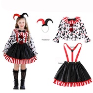 Girls Killer Clown Costume Set Halloween Kids Wicked Jester Dress
