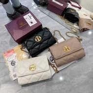 Tory@burch Lambskin chain wrapped diamond check embroidered single shoulder crossbody bag with zippered dark bag full package available