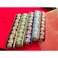 Velvet Tape Embroidered With Gold Thread Vines Indian (Size 1.5 Inches)