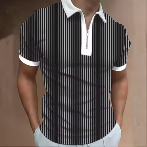 Black line print Polo Shirt for Men Hawaiian 3D Print Zipper Polo Short Sleeve Summer Shirt