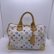 二手LV白三彩Speedy30手提款，村上隆聯名限量款，經典枕頭包，白色底配彩色老花，金色五金，尺寸30cm