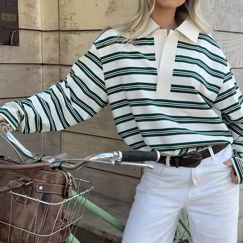 Vintage Lapel Collar Shirt Pullover Tops Tees Women Striped Rugby Polo T-shirt Y2k Long Sleeve Sweat