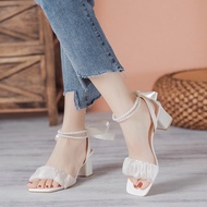 Giày Sandal Cao Gót SIZE 35-43 Nữ DHS68 Đế Vuông Quai Ngọc Thắt Nơ 7P hai màu đen trắng sang trọng q