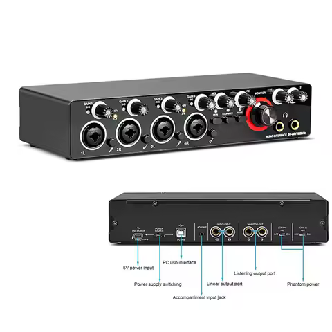 4 Channel Audio Interface Sound Card 24-Bit/192KHz Professional Sound Card USB Computer Driver Free 