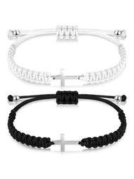 2 Piezas Pulsera De Acero Inoxidable Con Cruz, Pulseras De Pareja Tejidas En Cuerda Negra Y Blanca, Tamaño Ajustable