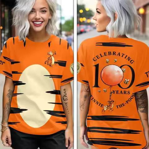 2026 Summer New Tiger/Pooh Bear 100th Anniversary Cartoon Anime 3D Short Sleeve Tee Women Fashion Le