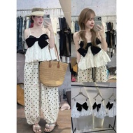 (Available for Retail Sale) Set of Women's 2-String Shirt with bow and polka dot patterned bomber sh