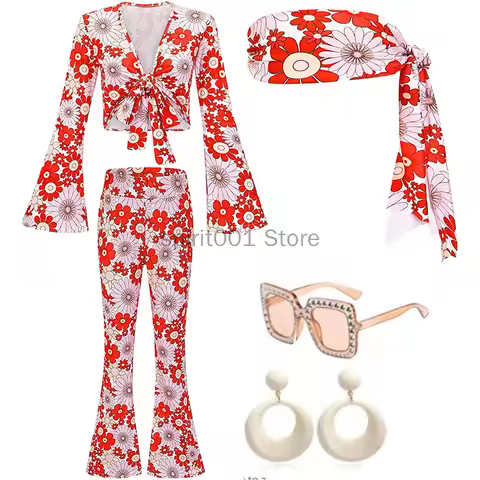 Women's Halloween Floral 1960's 1970's Hippie Costume Dress Women Hippie Costume Set Halloween Party