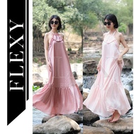 Pastel maxi Dress Neck Overalls With Ruffled Bow Tie - Silk Silk Chiffon Material, Silk Lining Dress - FLEXY Design