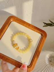 5mm天然白花蜜蠟 超萌可愛蜜蠟小熊設計單圈手串s