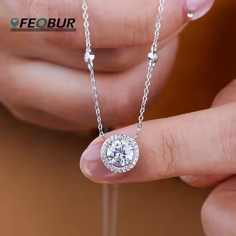 FEOBUR 1/2/3CT Certified Moissanite Necklace for Women 925 Sterling Silver Round Lab Diamond Pendant