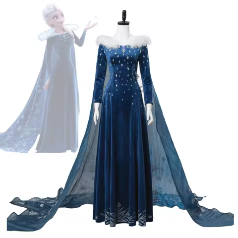 Adult Elsa Cosplay Costume Olaf's Frozen Adventure Dress Christmas Dark Blue Velvet Gown with Faux F