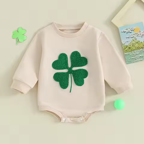 2023-11-13 Lioraitiin Newborn Baby Boy Girl St Patricks Day Outfit Green Four Leaf Clover Bubble Rom