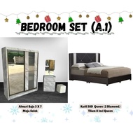Set Bilik Tidur Almari Baju Wardrobe 5x7kaki Meja Solek Katil Kulit PVC Divan Katil Single Super Sin
