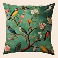 1pc Chinoiserie Birds In Turquoise - 17.7*17.7inch Soft Plush Pillow Cover, Single-Sided Print, Zip 