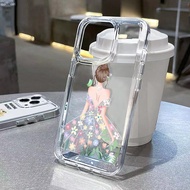 Dress Girl Soft Shockproof Case Compatible for IPhone 11 14 13 12 Pro XS Max X XR 7+ 8 6 6S Plus Casing Transparent TPU Unique Button Cover Camera Protection