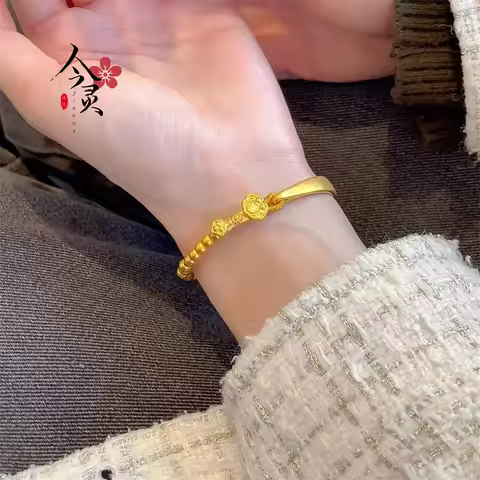 Women's 24K Gold AU999 Ruyi Lucky Bead Half-Bracelet Chain | Titanium-edged ruyi with meteorite bead