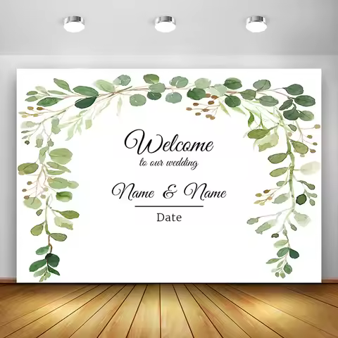 Welcome to Our Wedding Party Banner Photography Backdrop Custom Name Leaves Frame Backgrounds Photo 