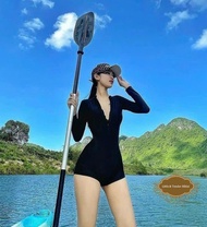 Jum thun gân đùi màu đen cổ V cài nút quyến rũ jum mặc đi bơi ôm body hack dáng cổ bẻ