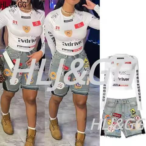HLJ&GG Y2K Trend Letter Print Biker Two Piece Sets Women O Neck Long Sleeve Crop Top And Denim Short