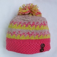 羊毛手編毛帽 毛球 球球 立體編織 粉紅+黃