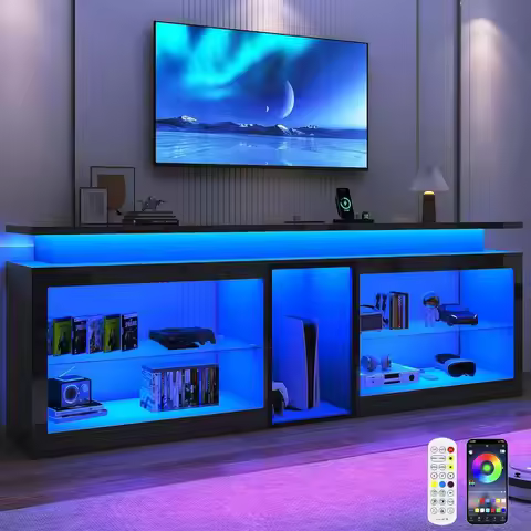 80 LED TV Stand with Power Outlet, 60-LED Lights, Adjustable Shelves for 85-90 TVs, High Gloss Enter