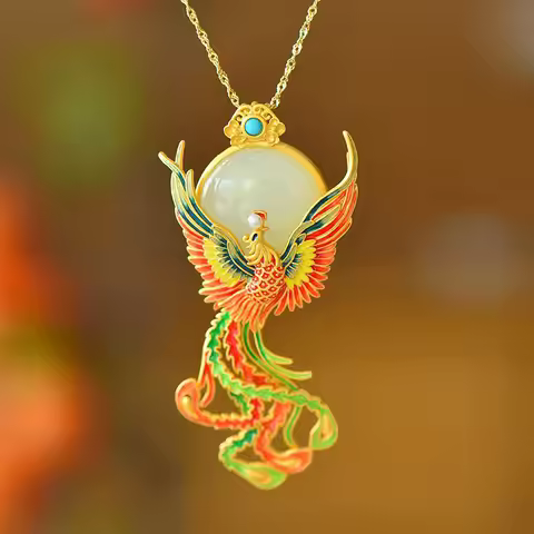 Colorful Enamel Phoenix Brooches for Women Natural Hotan Jade Broche Pendant Classical Court Style L