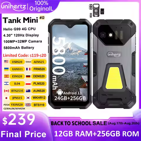 Unihertz 8849 Tank Mini Rugged Smartphone 4.3 Inch Display Android 13 Helio G99 Octa Core 5800mAh 10