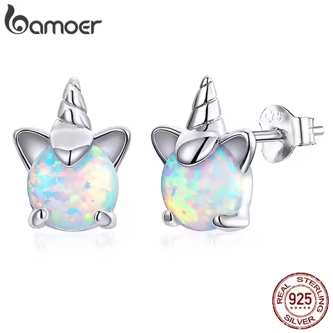 bamoer Opal Unicorn Stud Earrings for Girl 925 Sterling Silver Hypoallergenic Earings Fashion Cute J