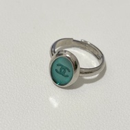 Chanel 稀有綠色CC橢圓牌銀色中古戒指 日本中古二手vintage