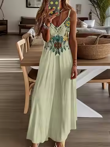 Women's Retro Ethnic Print Dress Casual Suspender Dress