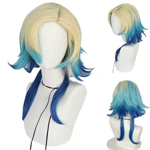 Gradient Blue Lock Michael Kaiser Cosplay Wig Light Golden Blue Short Wig Heat Resistant Synthetic H