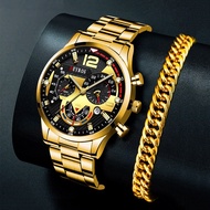 BLESSU Men's Luxury Watches Male Gold Bracelet Stainless Steel Quartz Calendar Watch For Men Busines