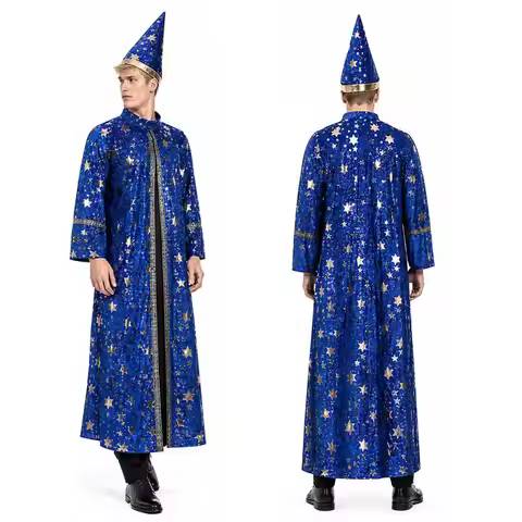 Halloween Wizard Costume Velvet Long Robe Blue Gold Star Print Cloak With Pointed Hat Adult Cosplay 