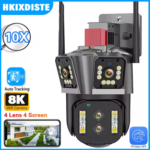 16MP 8K Four Lens WiFi PTZ 10X Zoom Camera Three Screens Auto Tracking Waterproof Outdoor 360° Secur