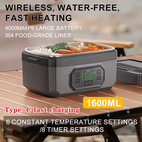 Portable Electric Lunch Box with 1600ML Capacity Rechargeable 6Speed Constant Temperature Outdoor Lu