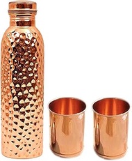 Pure Copper 1 Litre Water Bottle with 2 Copper Glass Drinkware Set (1000 ML Bottle, 300 ML Glass)