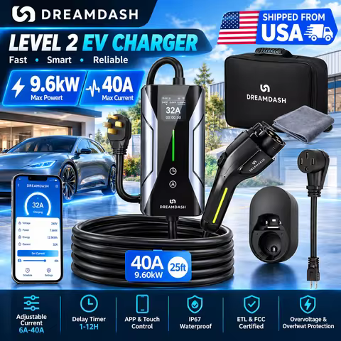 Dreamdash 40A 9.6kW Level 2 EV Charger With APP 240V NEMA 14-50P SAE J1772 25FT Cable Adjustable Cur