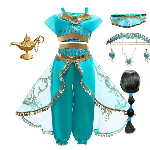 Children Aladdin Lamp Dress Kids Jasmine Costume Girls Birthday Princess Cosplay Shoulderless Outfit