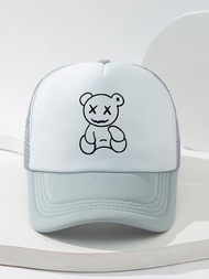 1頂中性白線卡通熊設計室外可調節透氣棒球網帽,卡車司機帽可愛