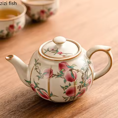 Ru Kiln Yellow Ceramic Teapot Tea Table Kung Fu Tea Set Peach Patterned Teapot Teacup Bamboo Wood Gl