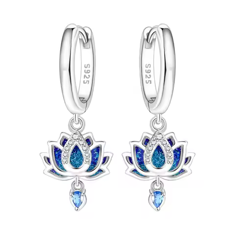 Spiritual Blue Lotus Flower Earrings 925 Sterling Silver Yoga Inspired Glitter Lotus Drop Huggie Hoo