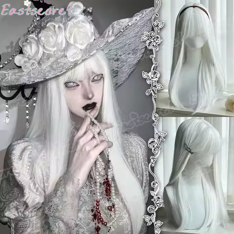 EAST White Wig With Bangs long Straight Hair Wigs 28inch Synthetic Wig For Woman Lolita Cosplay Heat