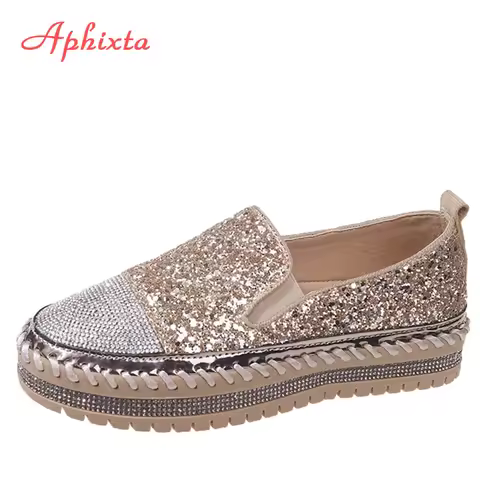 Aphixta Luxury Crystals Sequined Flat With Platform Shoes Loafers Flats Leather Couple Woman Student