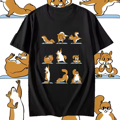 Funny Squirrel Yoga T-shirt Unisex Summer Top Cotton Tshirt Cool Breathable Kawaii Tshirts Cotton Un